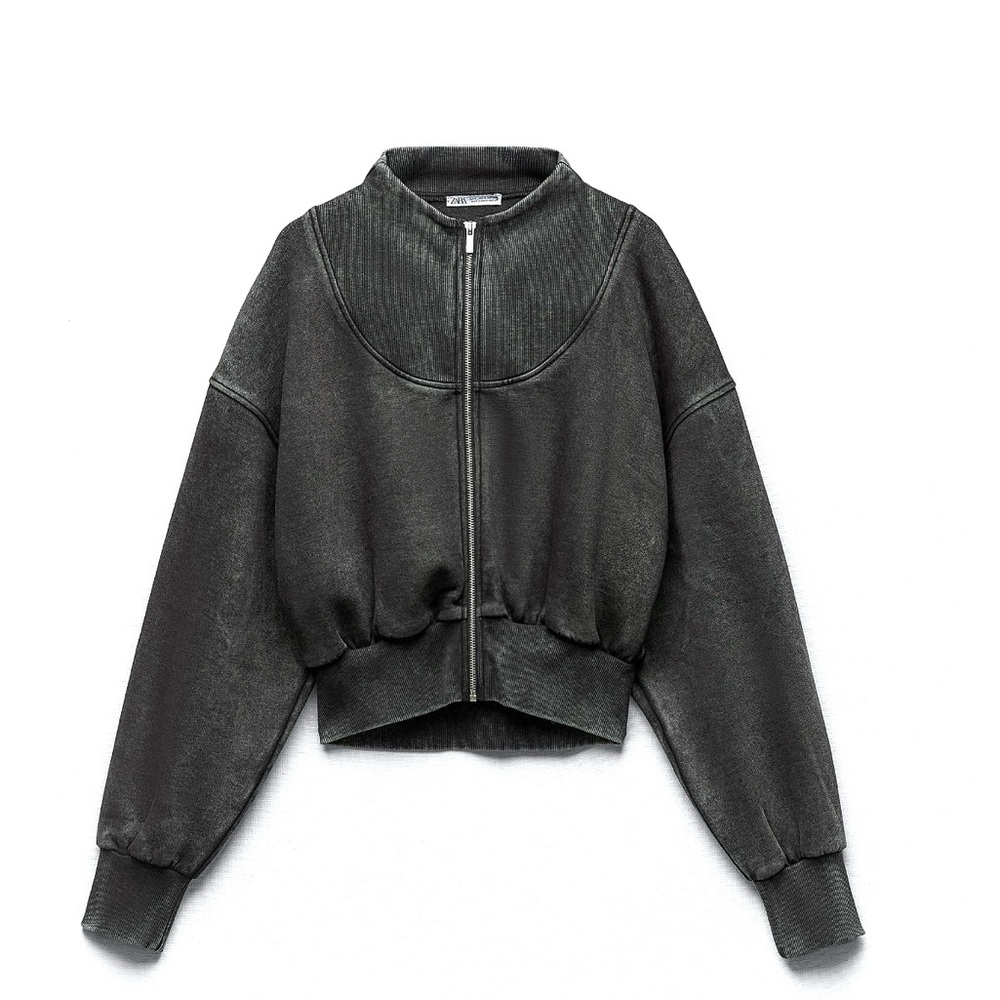 Zara washed effect cropped full zip sweatshirt in black size M